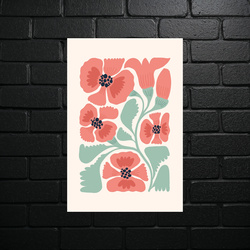 Coral Poppies in Mint - Botanical Elegance - shiny glitter